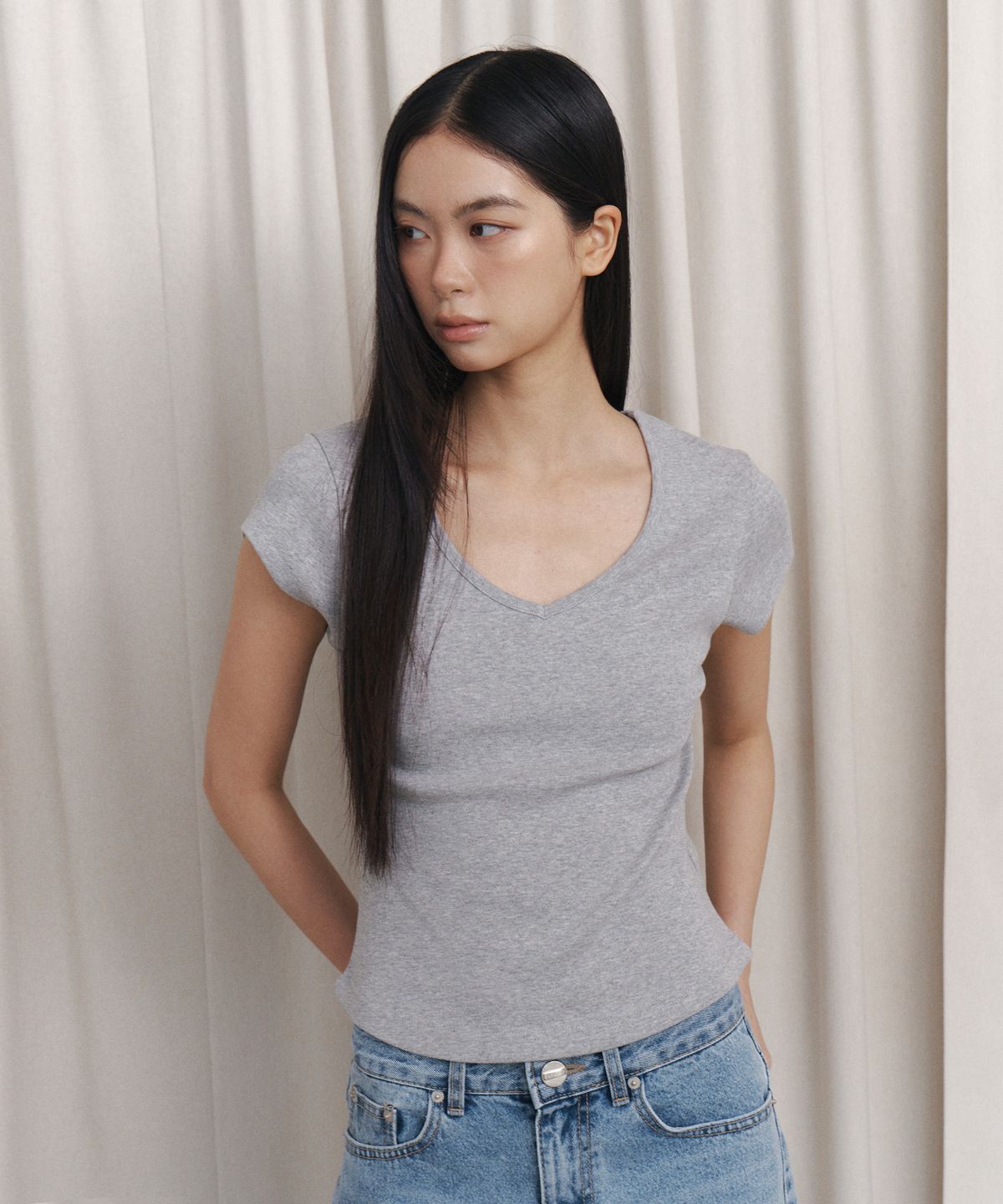 큐리티(CURETTY) C 90S LINE V-NECK HALF-SLEEVE T-SHIRT_GREY