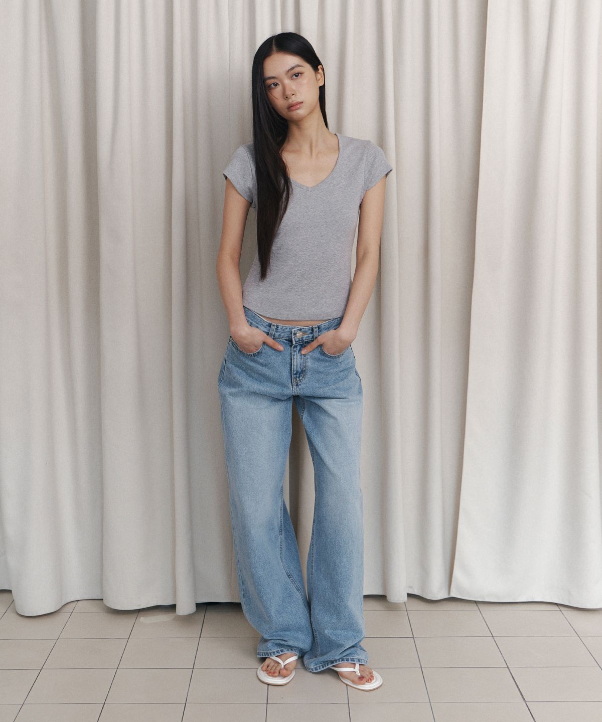 큐리티(CURETTY) C 90S LINE V-NECK HALF-SLEEVE T-SHIRT_GREY
