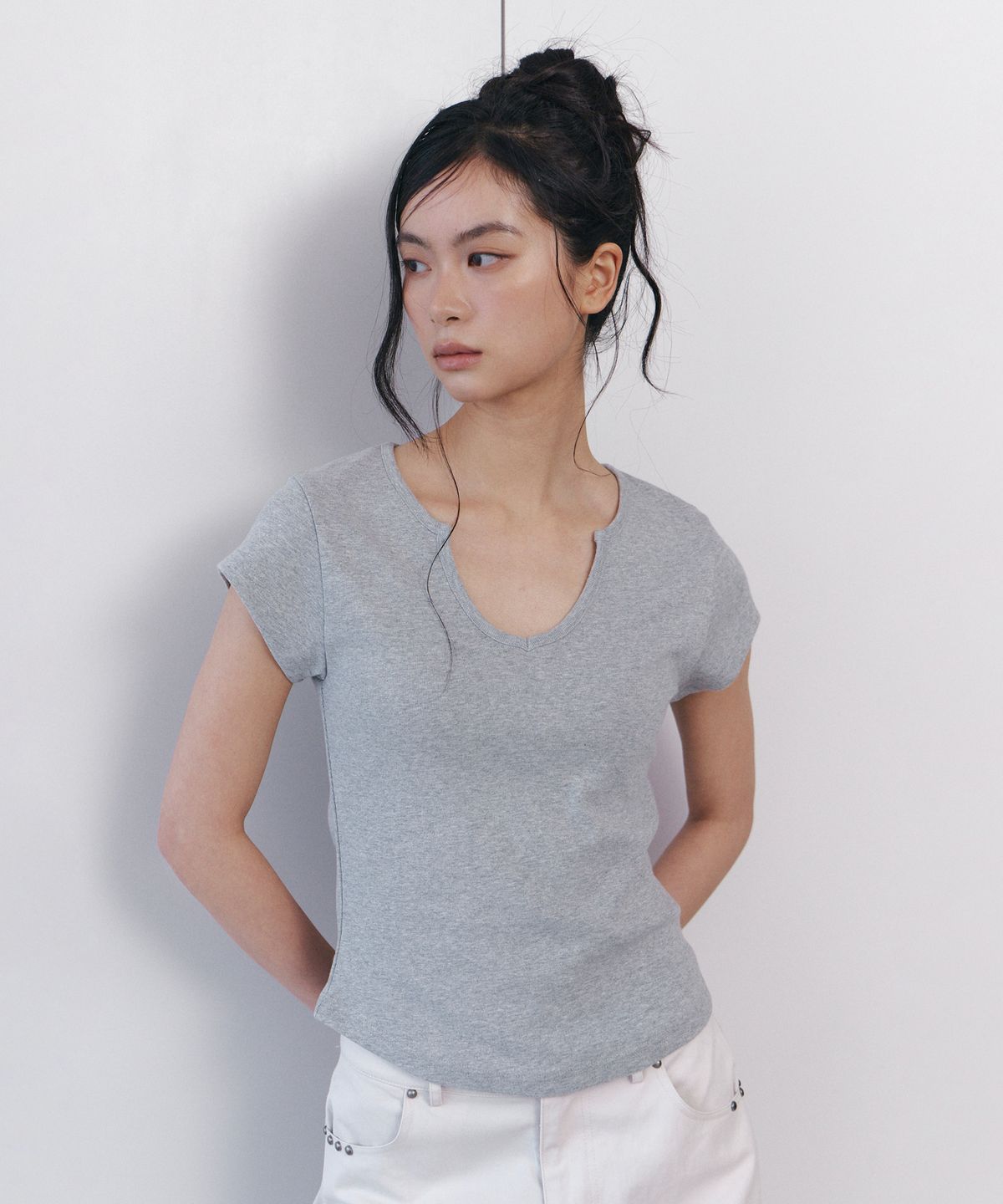 큐리티(CURETTY) C 90S LINE SLIT NECK HALF-SLEEVE T-SHIRT_GREY