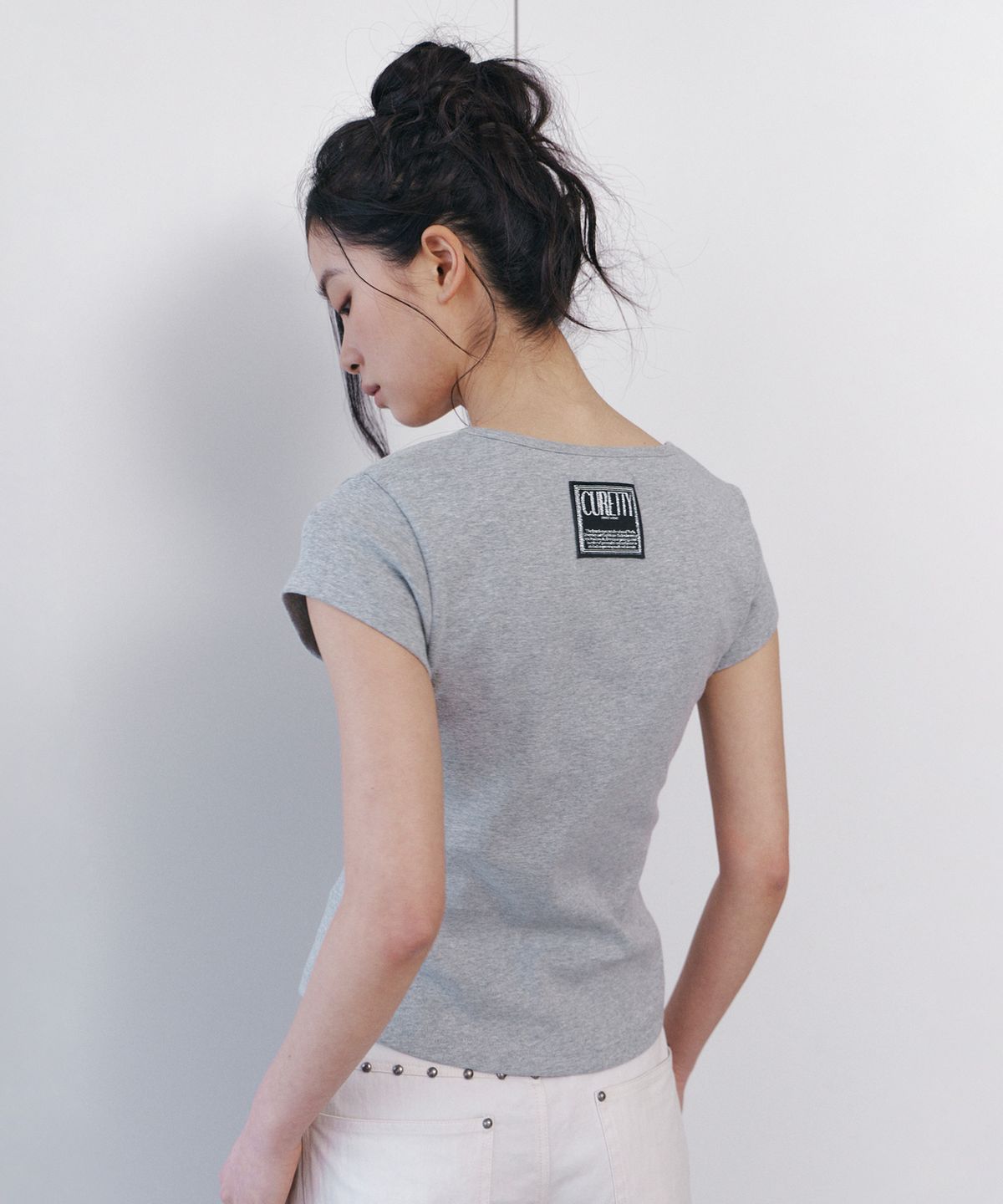 큐리티(CURETTY) C 90S LINE SLIT NECK HALF-SLEEVE T-SHIRT_GREY
