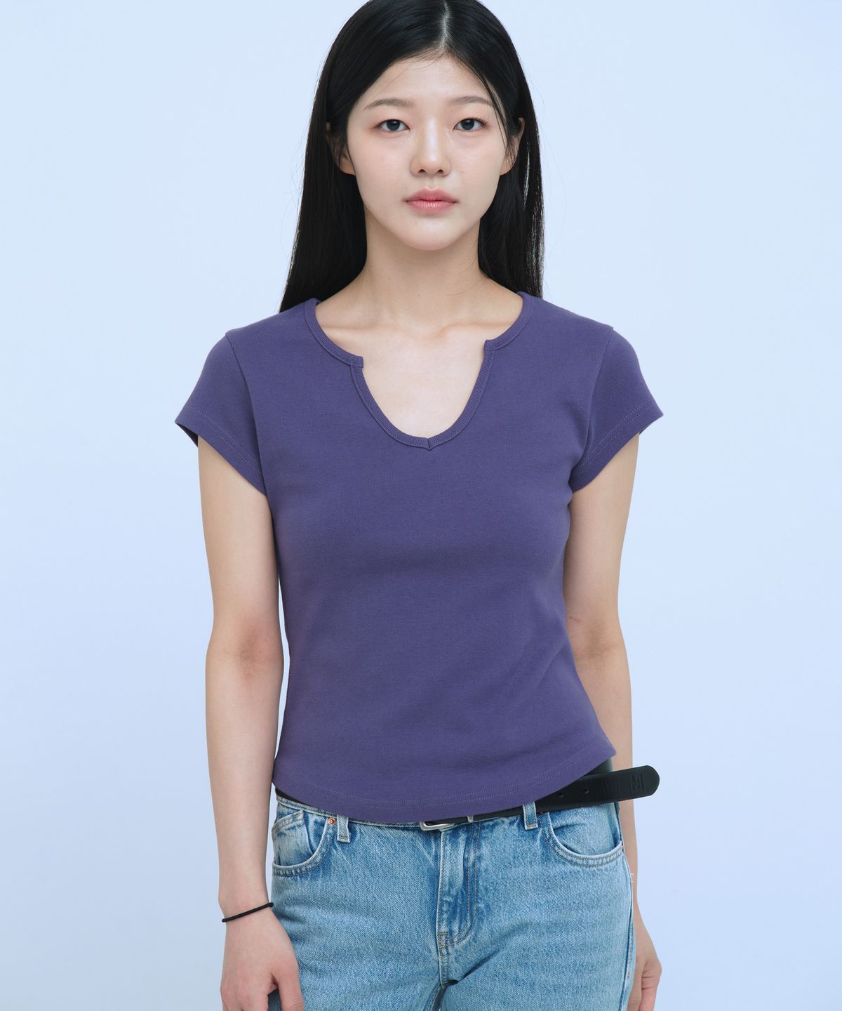 큐리티(CURETTY) C 90S LINE SLIT NECK HALF-SLEEVE T-SHIRT_PURPLE