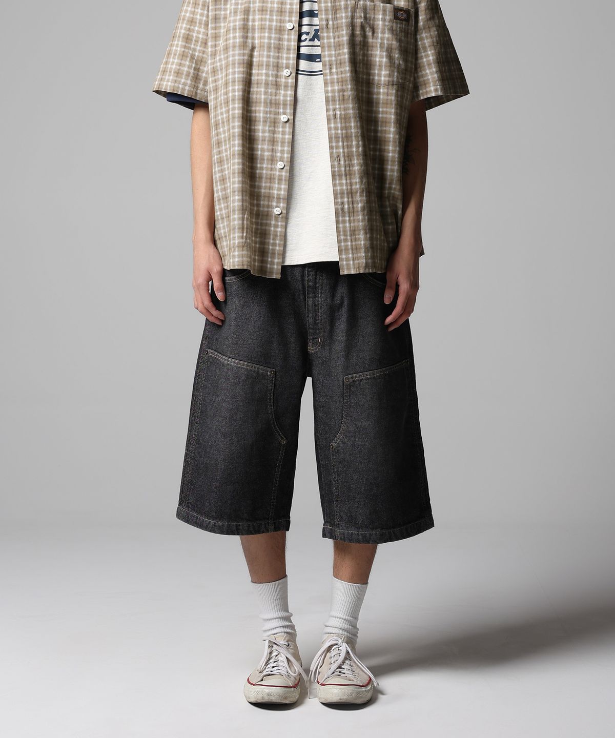 디키즈(DICKIES) 게리빌 더블니 데님 쇼츠 Black Denim