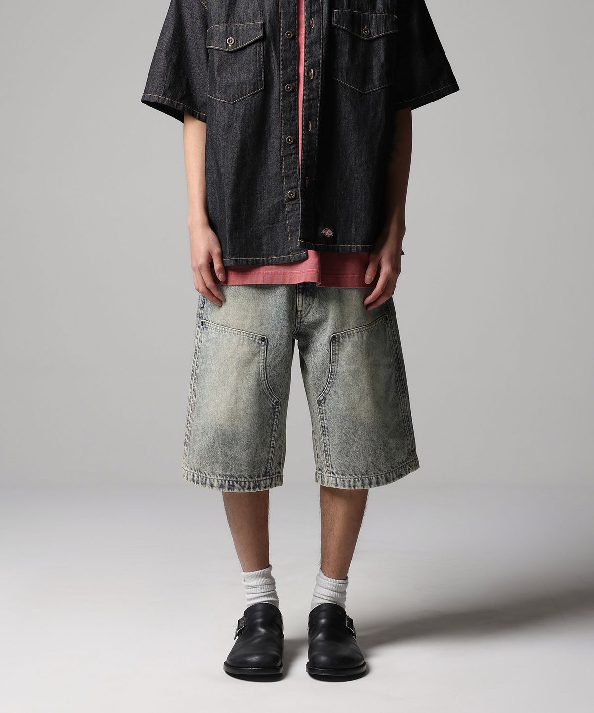 디키즈(DICKIES) 게리빌 더블니 데님 쇼츠 Tinted Denim
