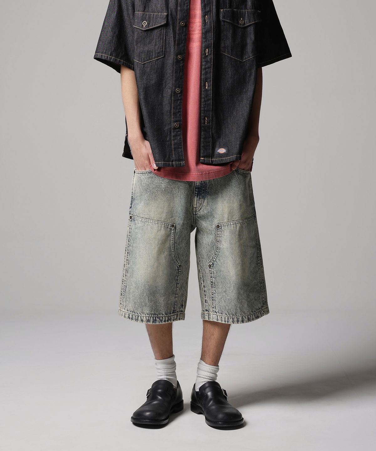디키즈(DICKIES) 게리빌 더블니 데님 쇼츠 Tinted Denim