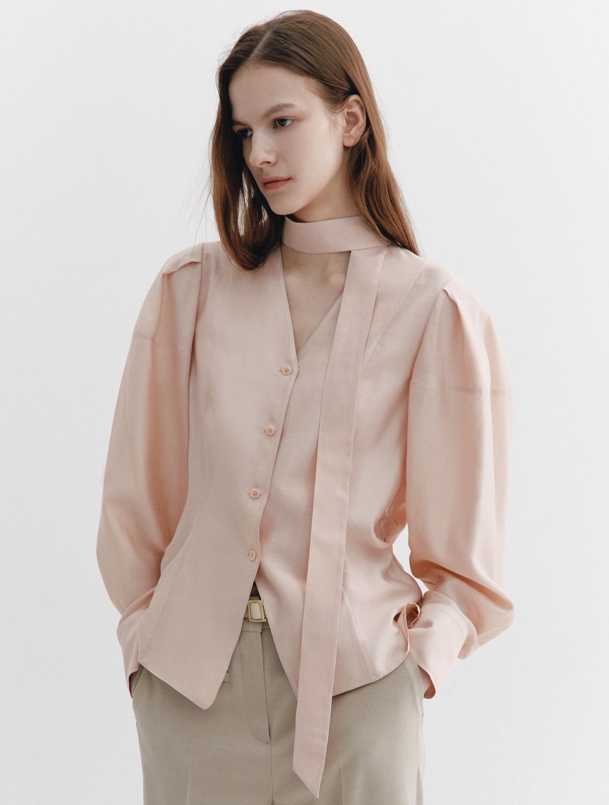 그레이데시온(GRAYDATION) Tie-decorated Puffed sleeve Blouse ROSE PINK
