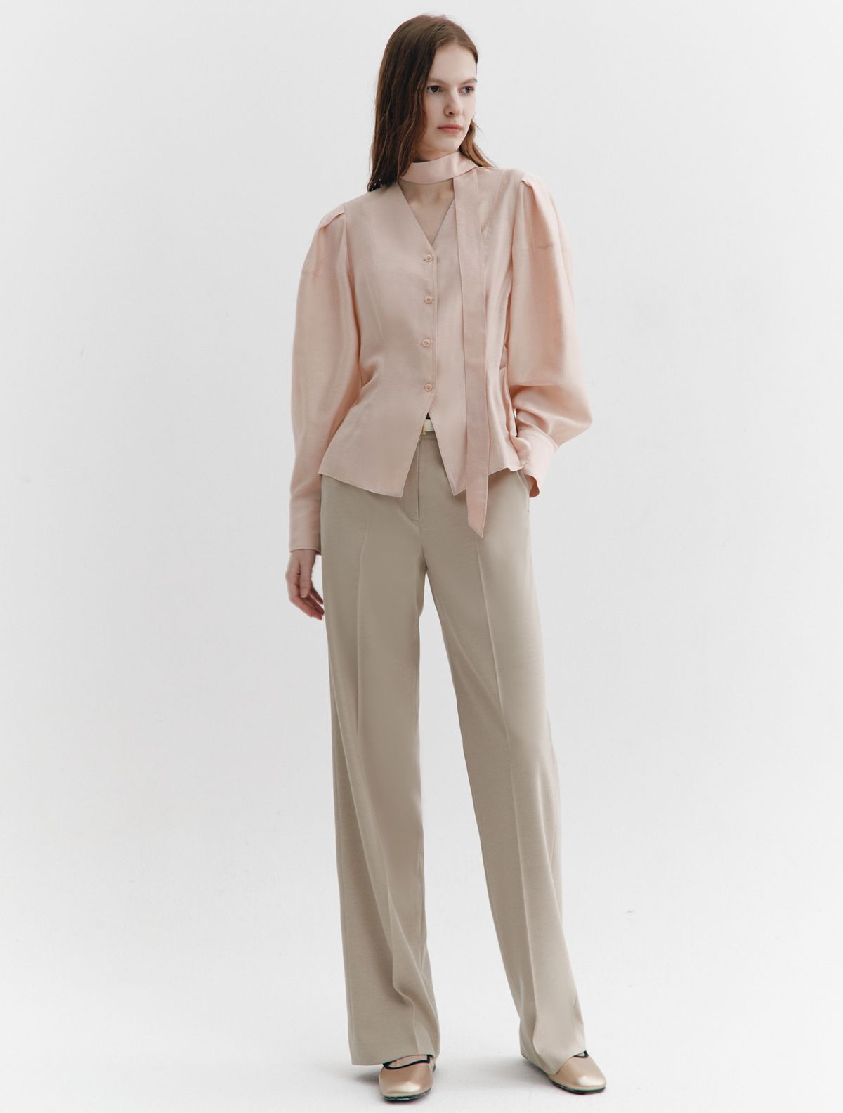 그레이데시온(GRAYDATION) Tie-decorated Puffed sleeve Blouse ROSE PINK