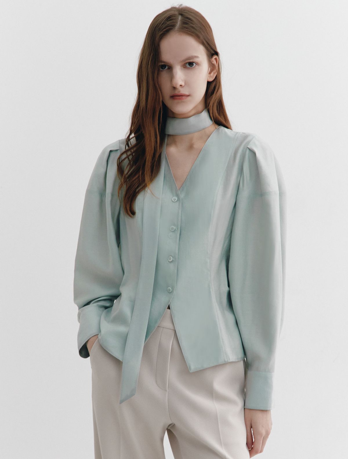 그레이데시온(GRAYDATION) Tie-decorated Puffed sleeve Blouse MINT