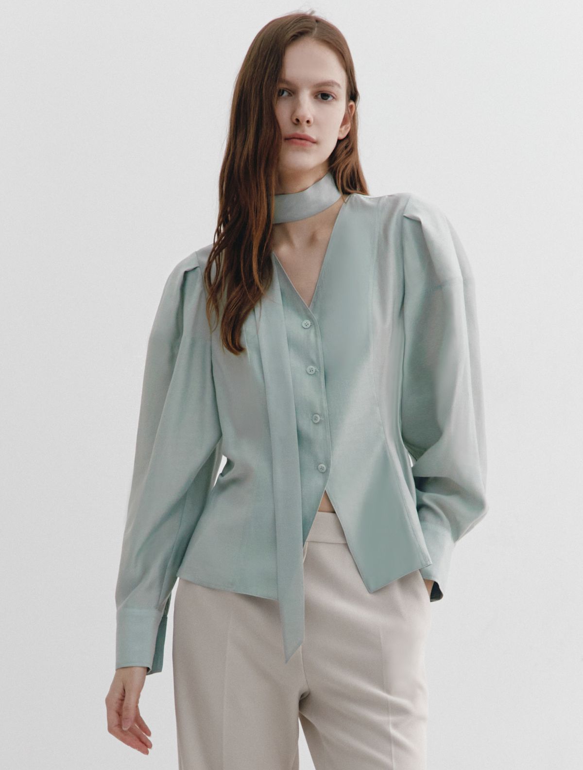 그레이데시온(GRAYDATION) Tie-decorated Puffed sleeve Blouse MINT