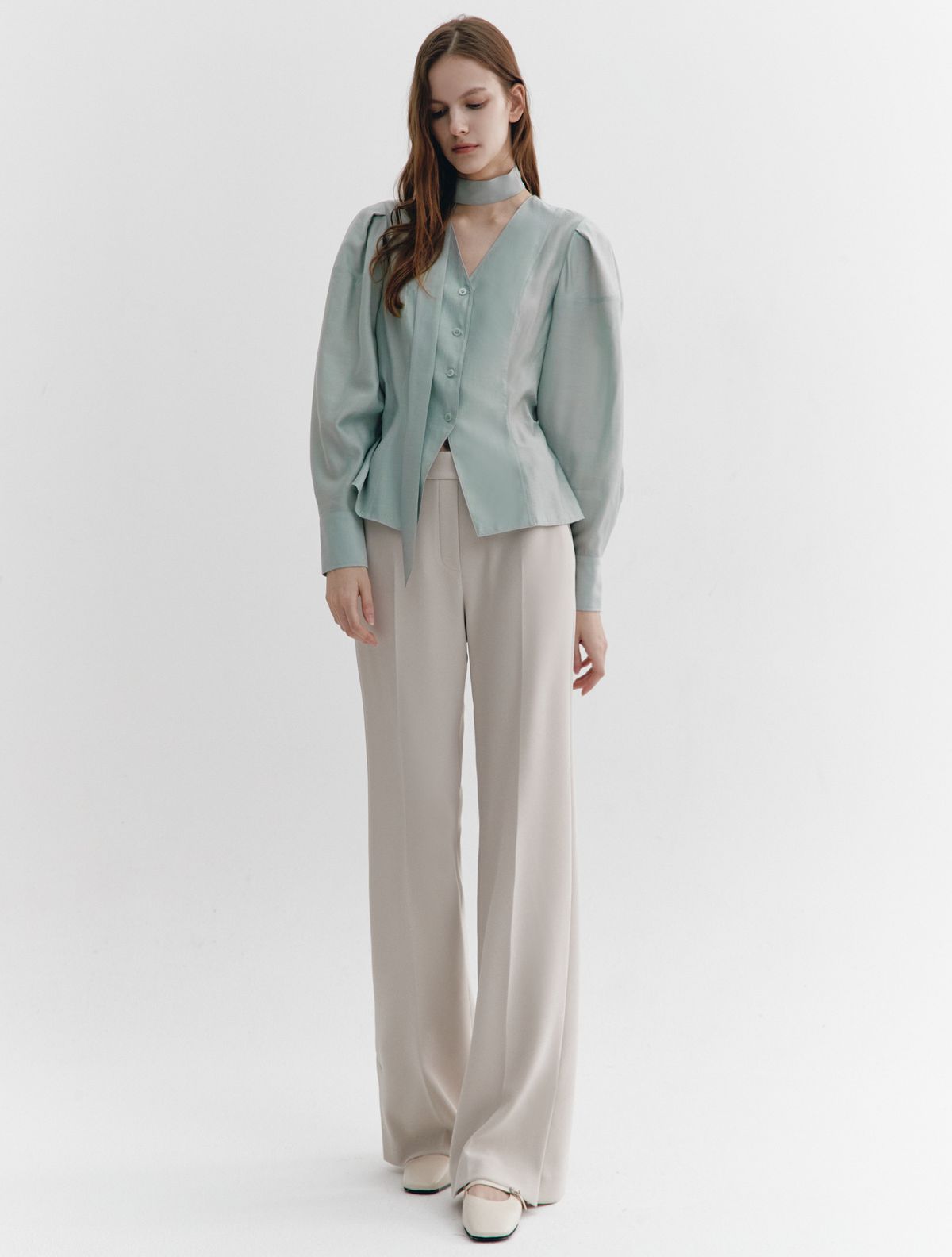 그레이데시온(GRAYDATION) Tie-decorated Puffed sleeve Blouse MINT