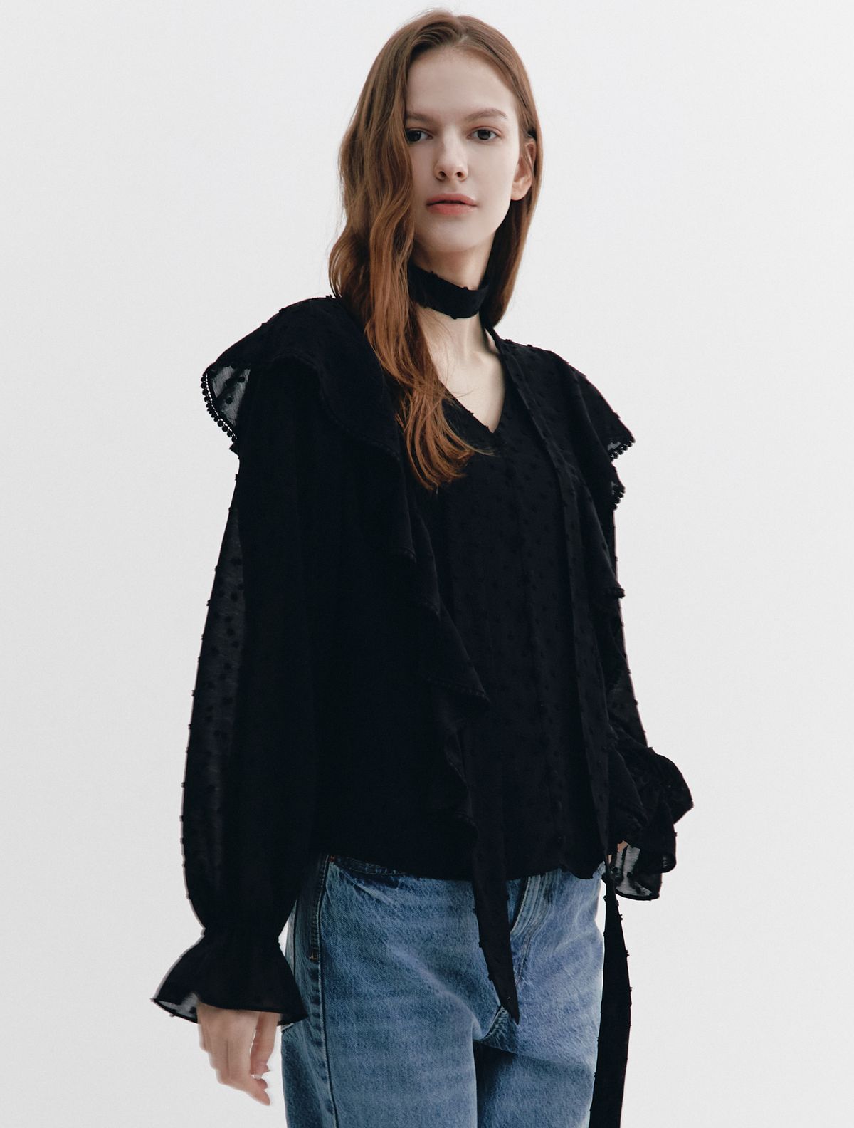 그레이데시온(GRAYDATION) Dot Uragiri Ruffled Blouse BLACK