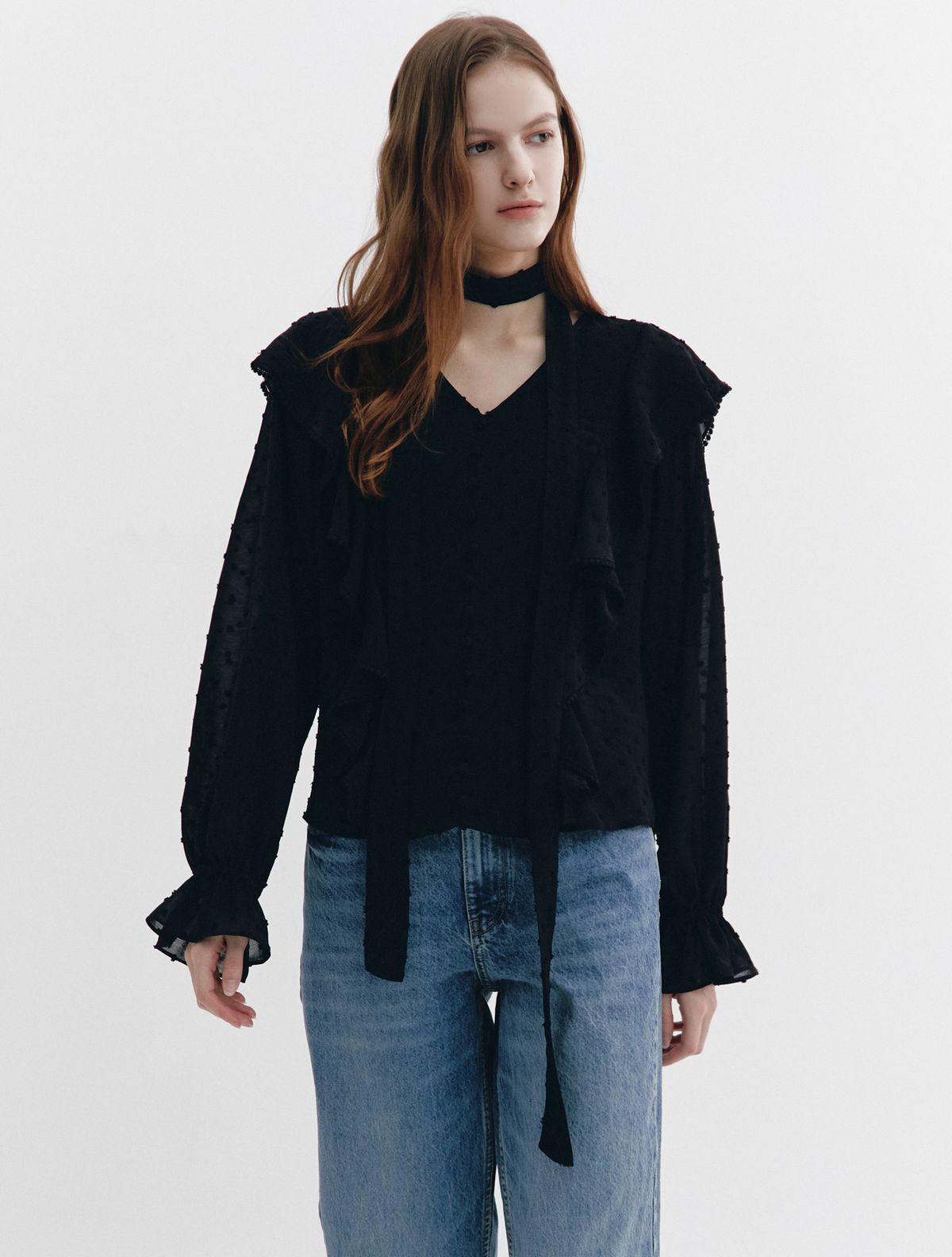 그레이데시온(GRAYDATION) Dot Uragiri Ruffled Blouse BLACK