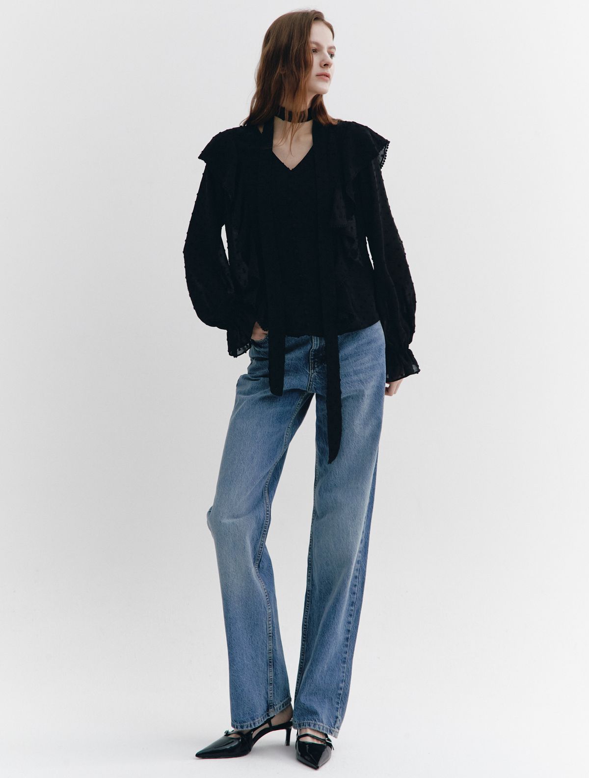 그레이데시온(GRAYDATION) Dot Uragiri Ruffled Blouse BLACK