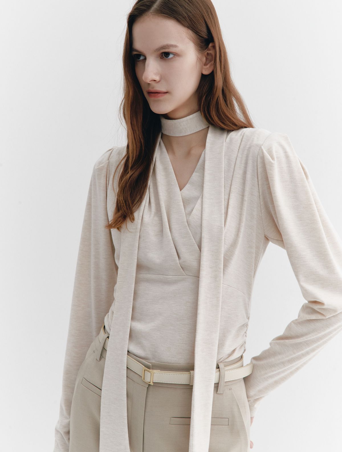 그레이데시온(GRAYDATION) Tie-decorated wrap T-blouse OATMEAL