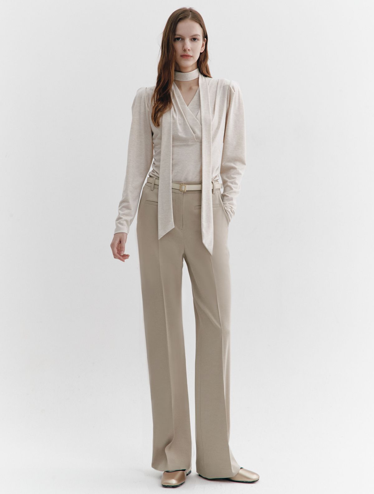 그레이데시온(GRAYDATION) Tie-decorated wrap T-blouse OATMEAL