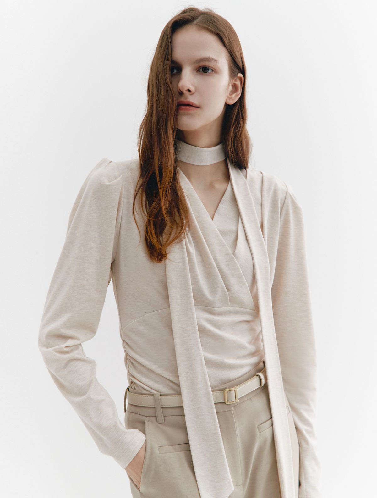 그레이데시온(GRAYDATION) Tie-decorated wrap T-blouse OATMEAL