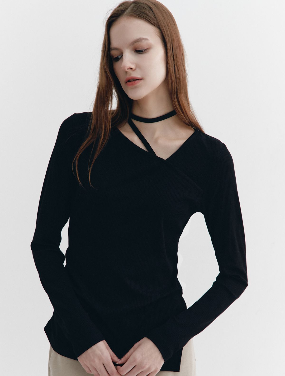 그레이데시온(GRAYDATION) Asymmetric Neckline T-shirts BLACK