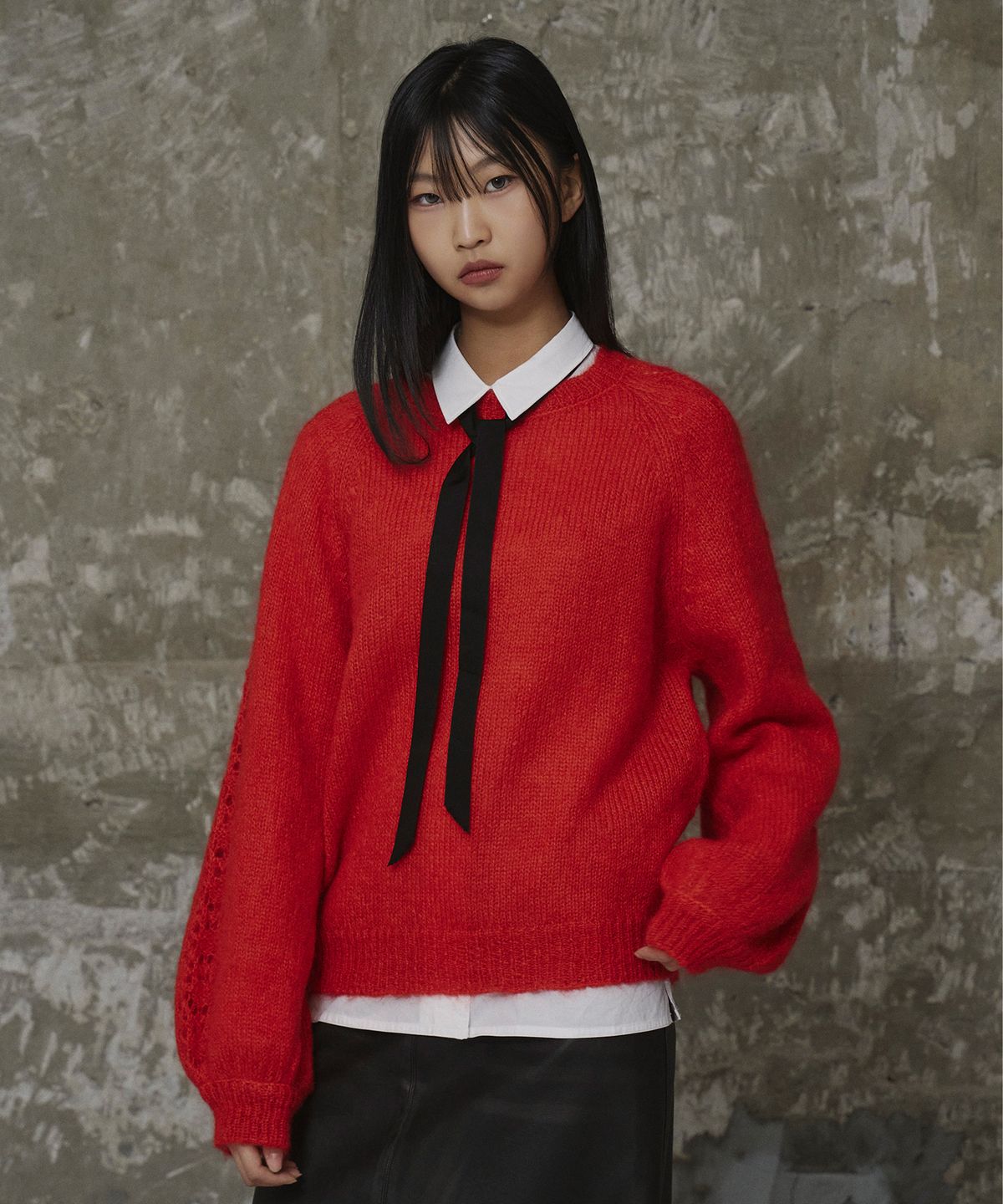 에르에르(ERER) Balloon Sleeve Scallop Knit Red