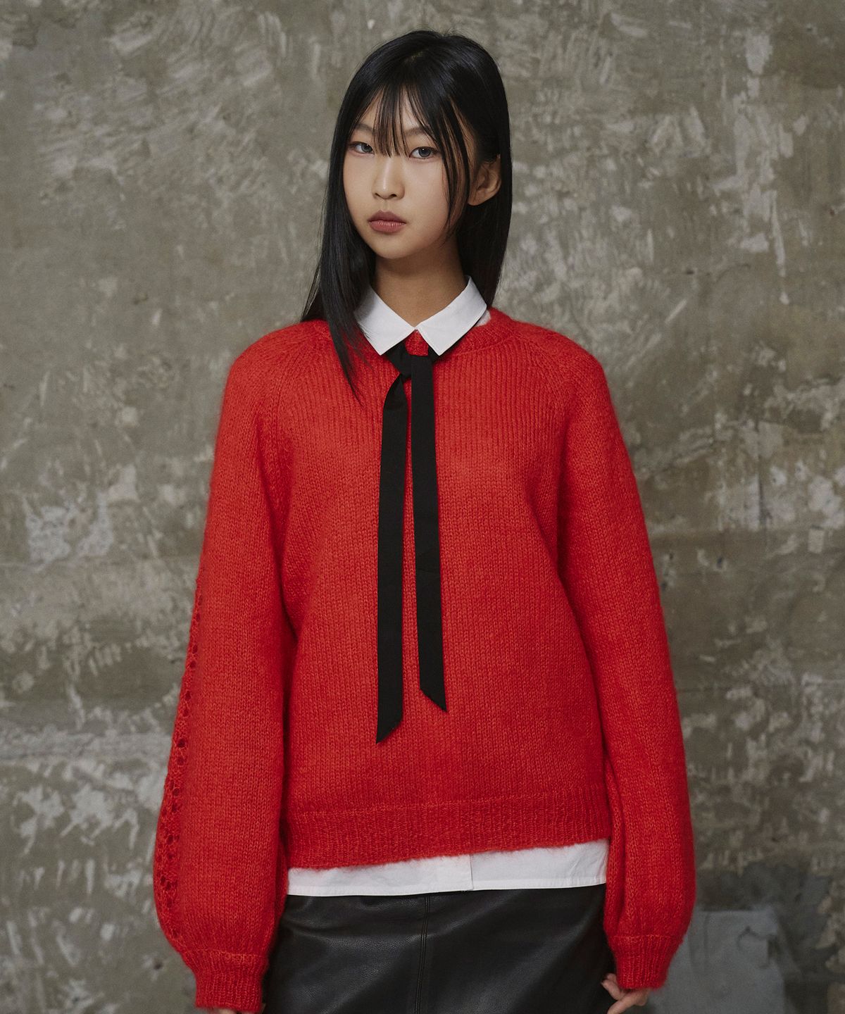 에르에르(ERER) Balloon Sleeve Scallop Knit Red