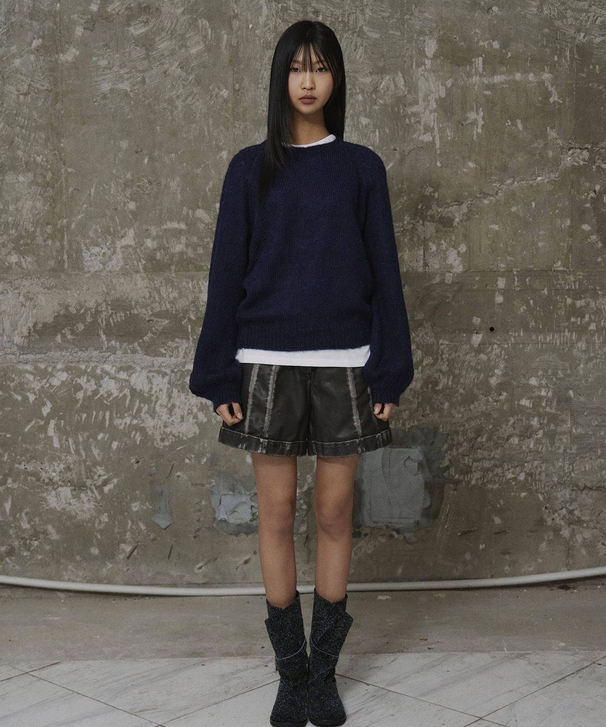 에르에르(ERER) Balloon Sleeve Scallop Knit Navy