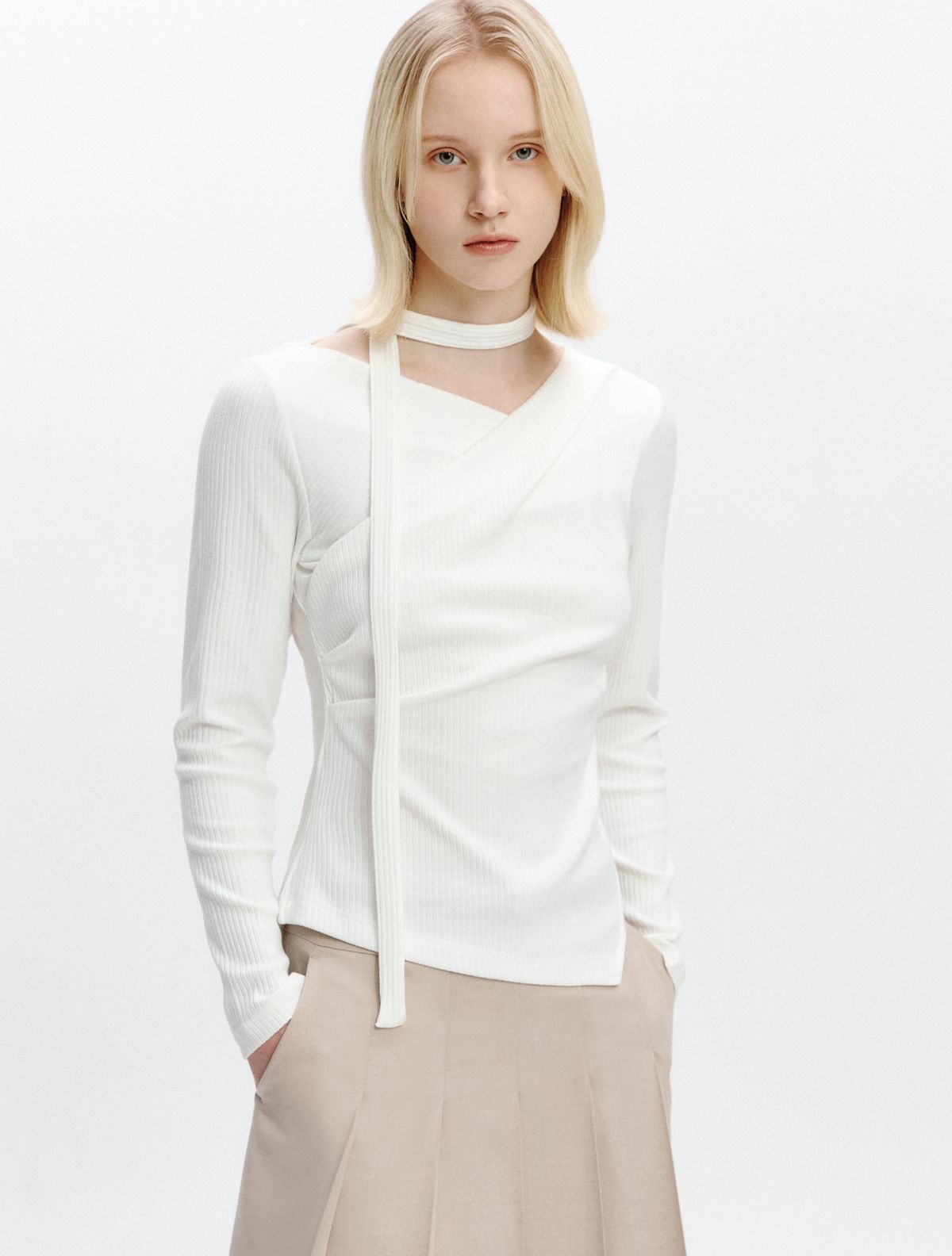 그레이데시온(GRAYDATION) Unbalance Draped Wrap T-blouse OFF WHITE