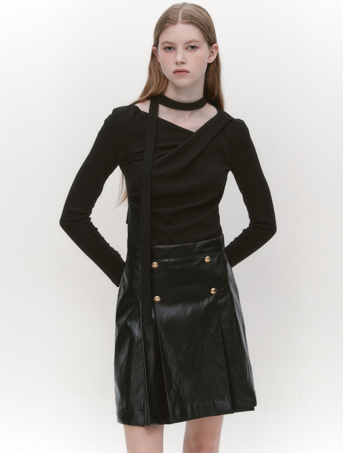 그레이데시온(GRAYDATION) Unbalance Draped Wrap T-blouse BLACK