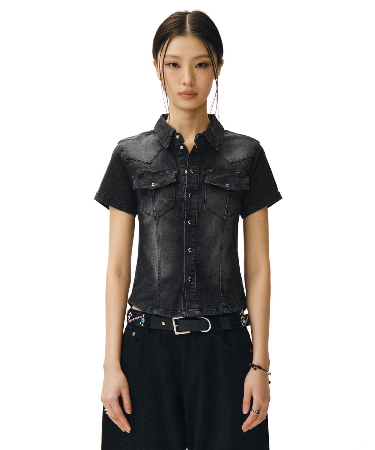 데케트 우먼(DECET WOMEN) Western Slim Denim Short Shirts DCWSH002BlackA