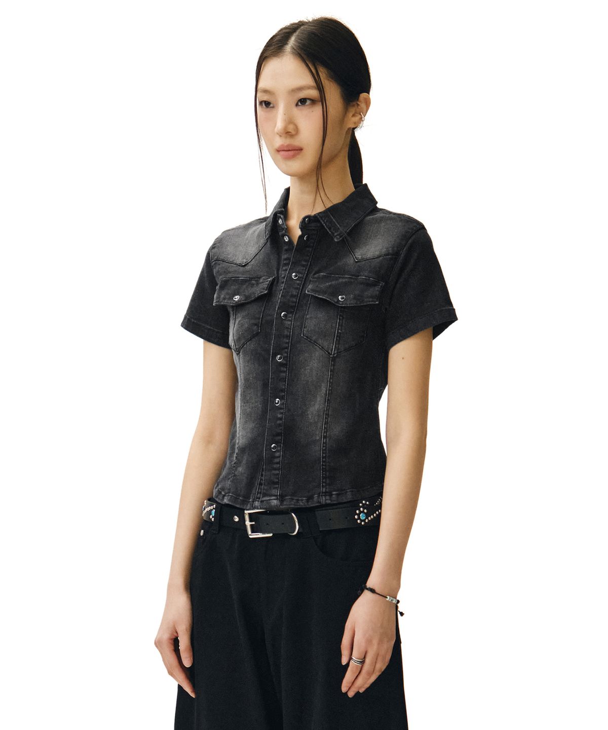 데케트 우먼(DECET WOMEN) Western Slim Denim Short Shirts DCWSH002BlackA