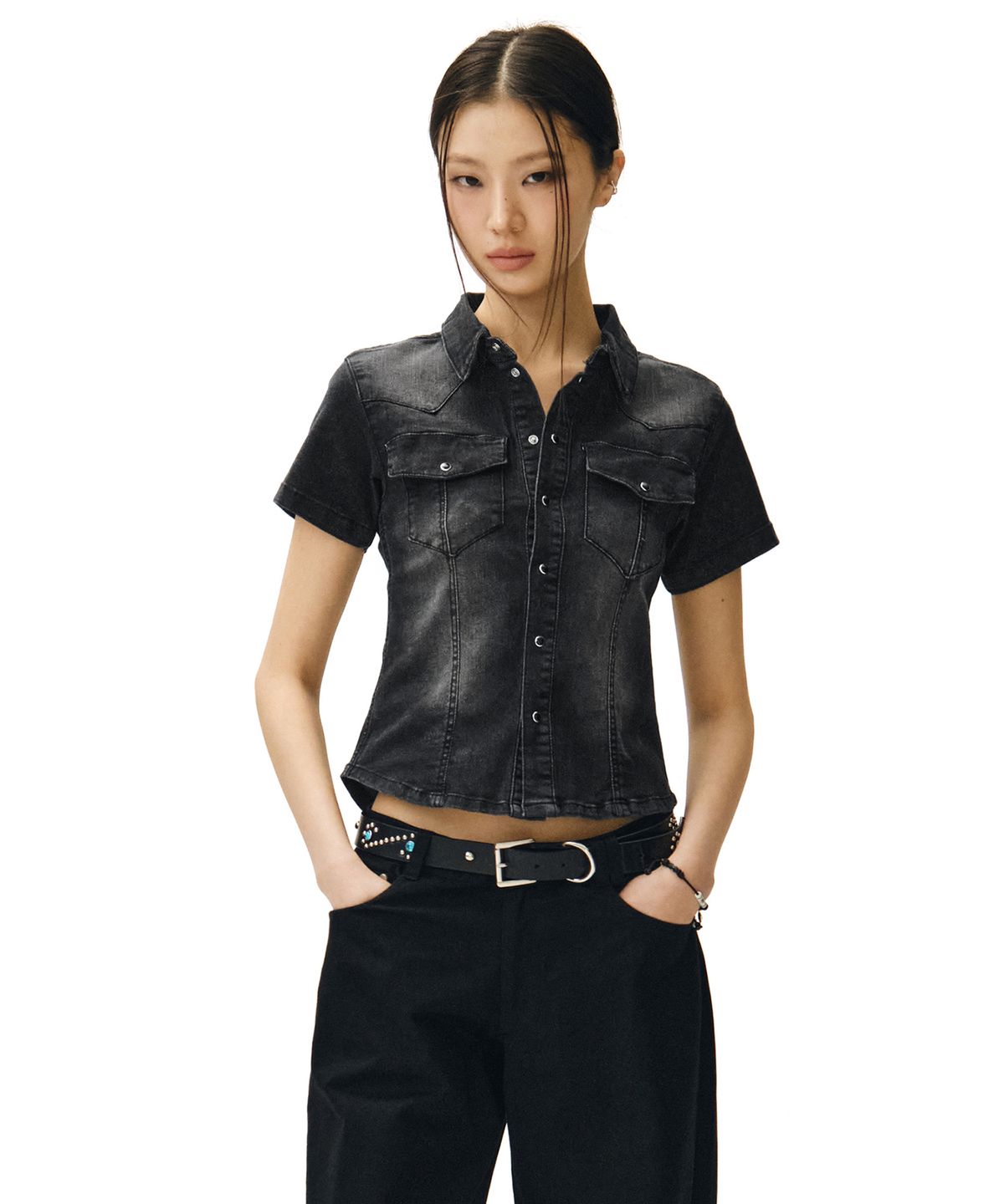 데케트 우먼(DECET WOMEN) Western Slim Denim Short Shirts DCWSH002BlackA
