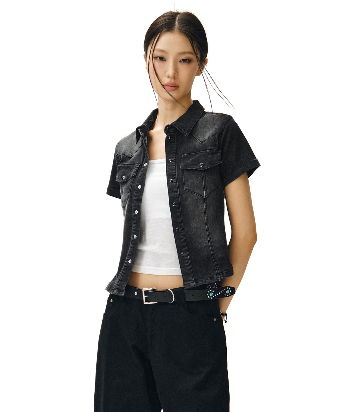데케트 우먼(DECET WOMEN) Western Slim Denim Short Shirts DCWSH002BlackA