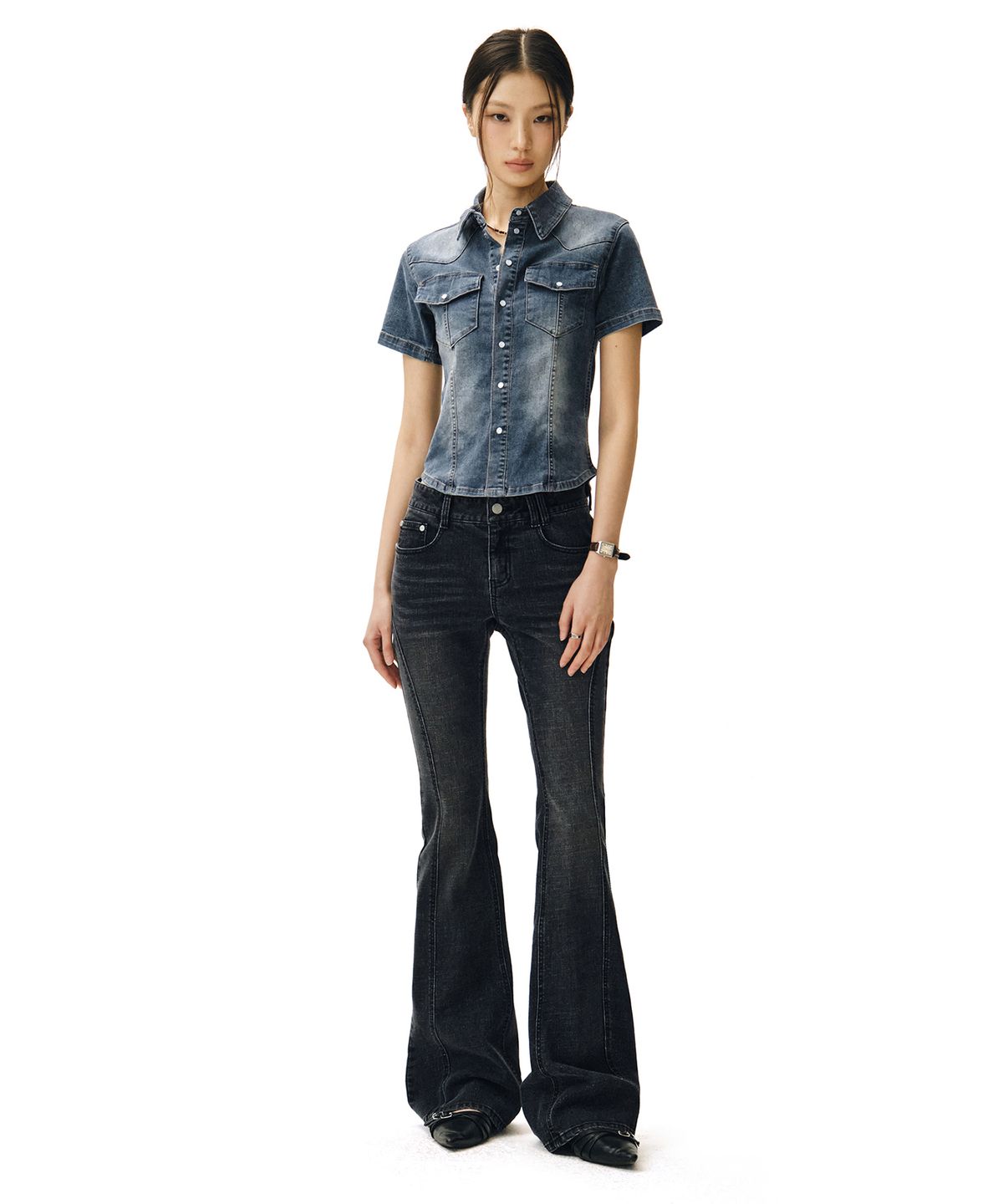 데케트 우먼(DECET WOMEN) Western Slim Denim Short Shirts DCWSH002BlueA