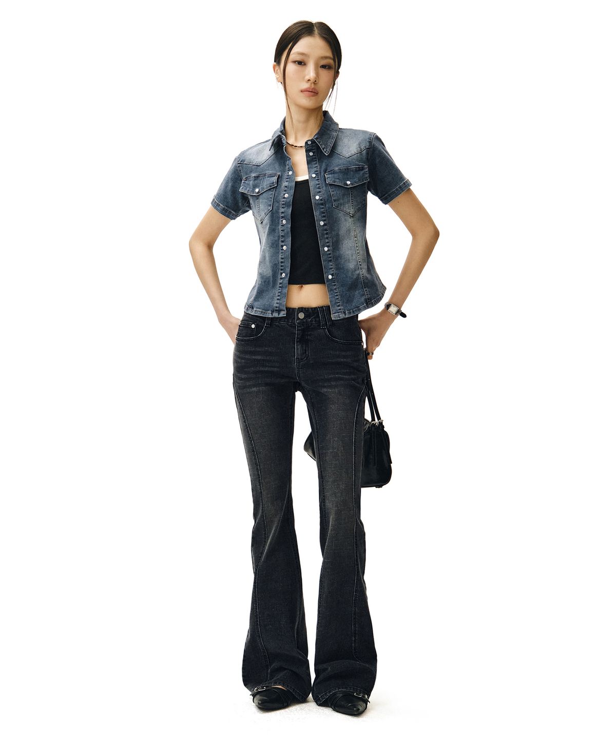 데케트 우먼(DECET WOMEN) Western Slim Denim Short Shirts DCWSH002BlueA