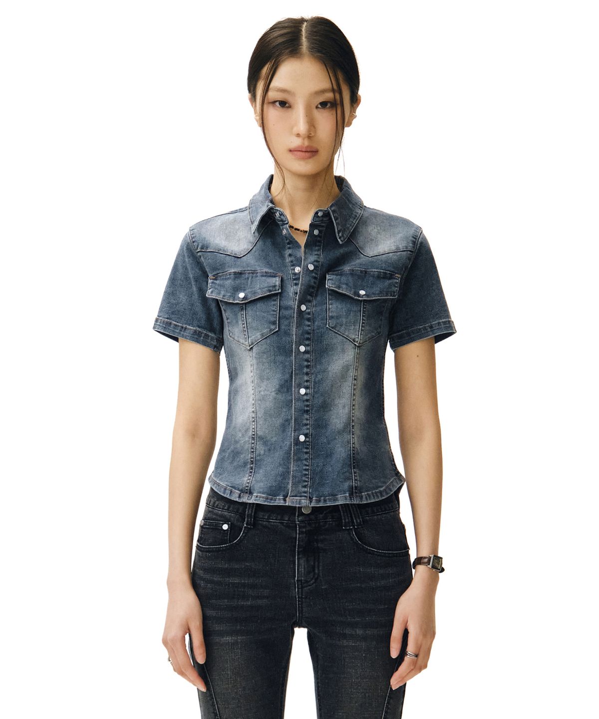 데케트 우먼(DECET WOMEN) Western Slim Denim Short Shirts DCWSH002BlueA