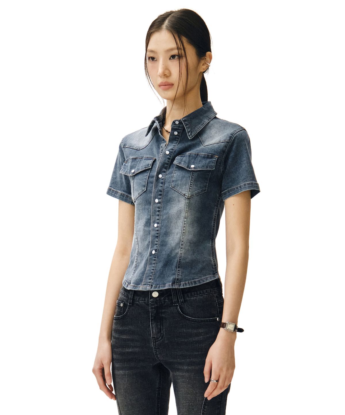 데케트 우먼(DECET WOMEN) Western Slim Denim Short Shirts DCWSH002BlueA