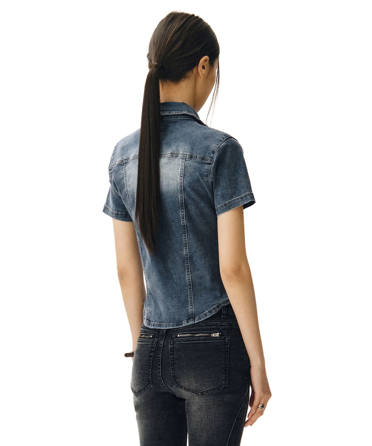 데케트 우먼(DECET WOMEN) Western Slim Denim Short Shirts DCWSH002BlueA