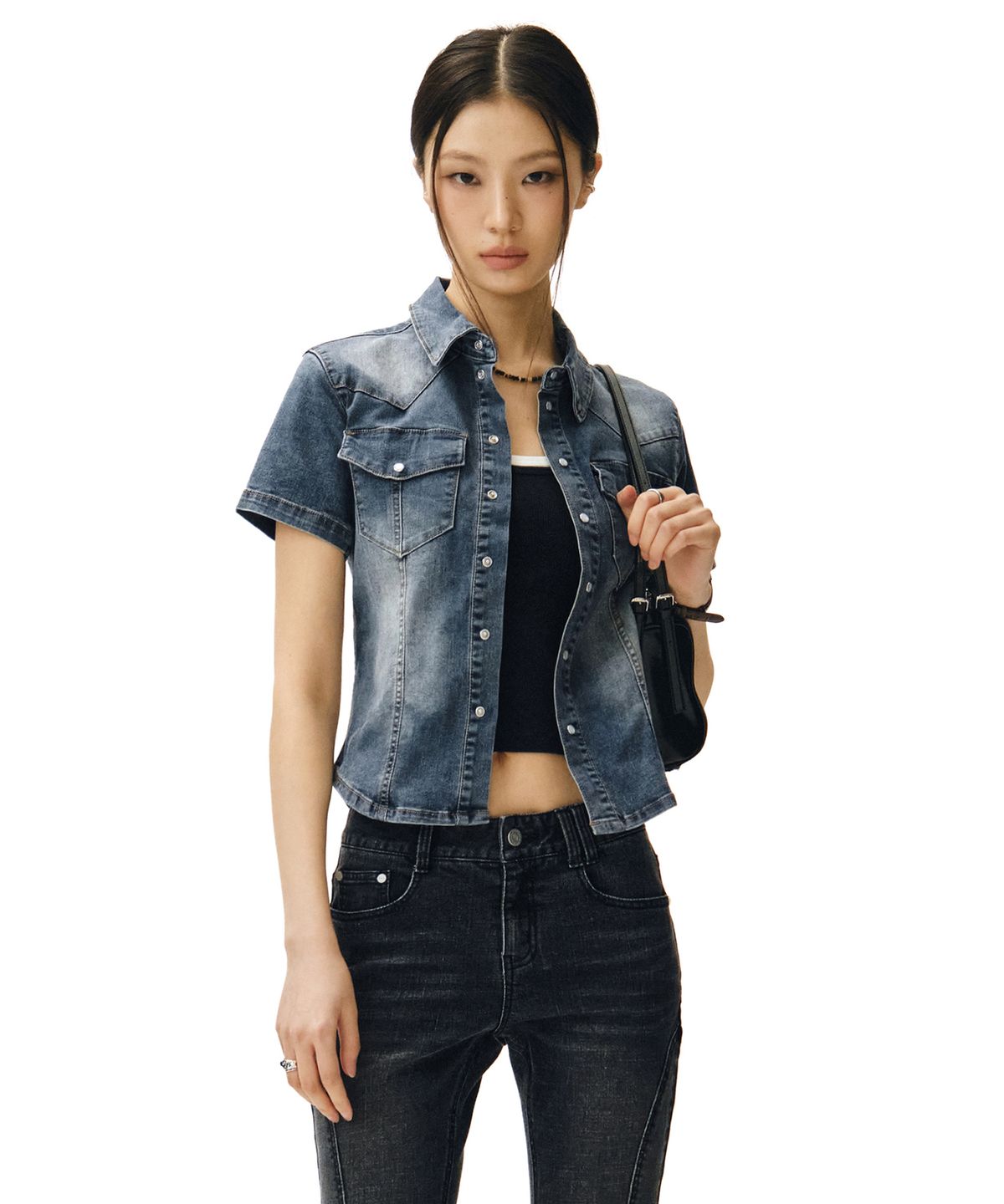 데케트 우먼(DECET WOMEN) Western Slim Denim Short Shirts DCWSH002BlueA