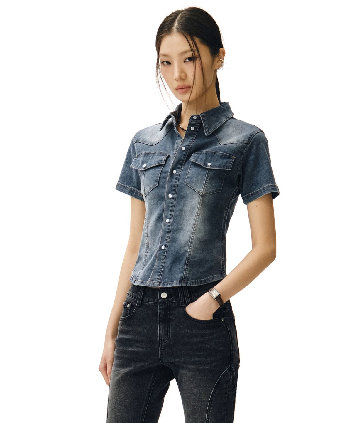 데케트 우먼(DECET WOMEN) Western Slim Denim Short Shirts DCWSH002BlueA
