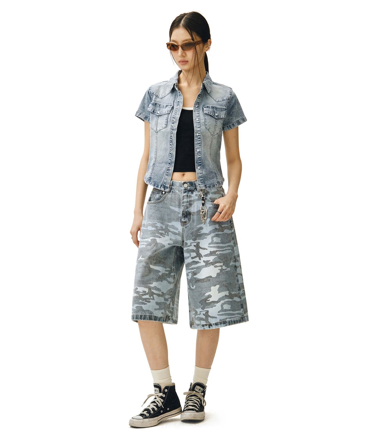 데케트 우먼(DECET WOMEN) Western Slim Denim Short Shirts DCWSH002LBlueA