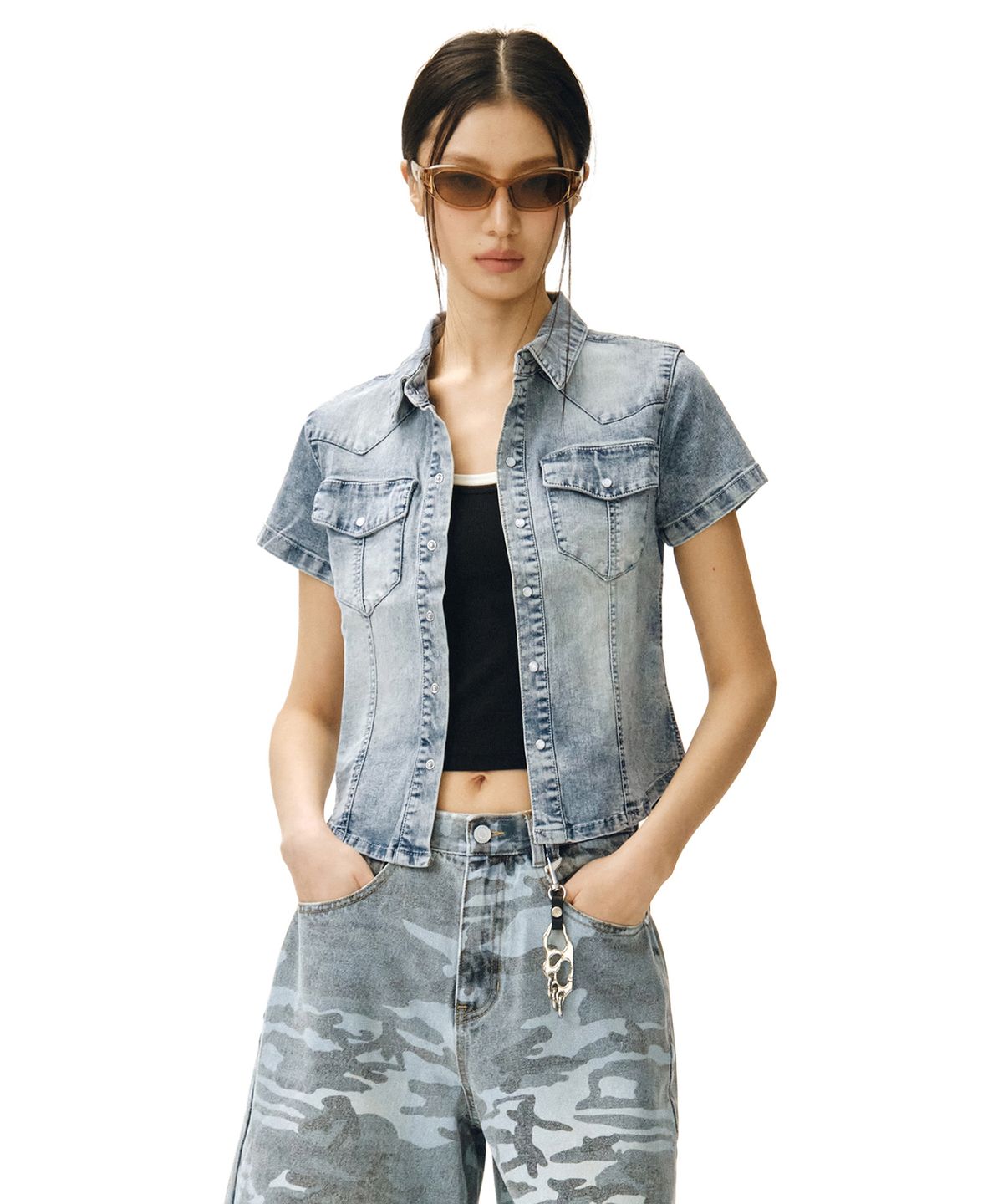 데케트 우먼(DECET WOMEN) Western Slim Denim Short Shirts DCWSH002LBlueA