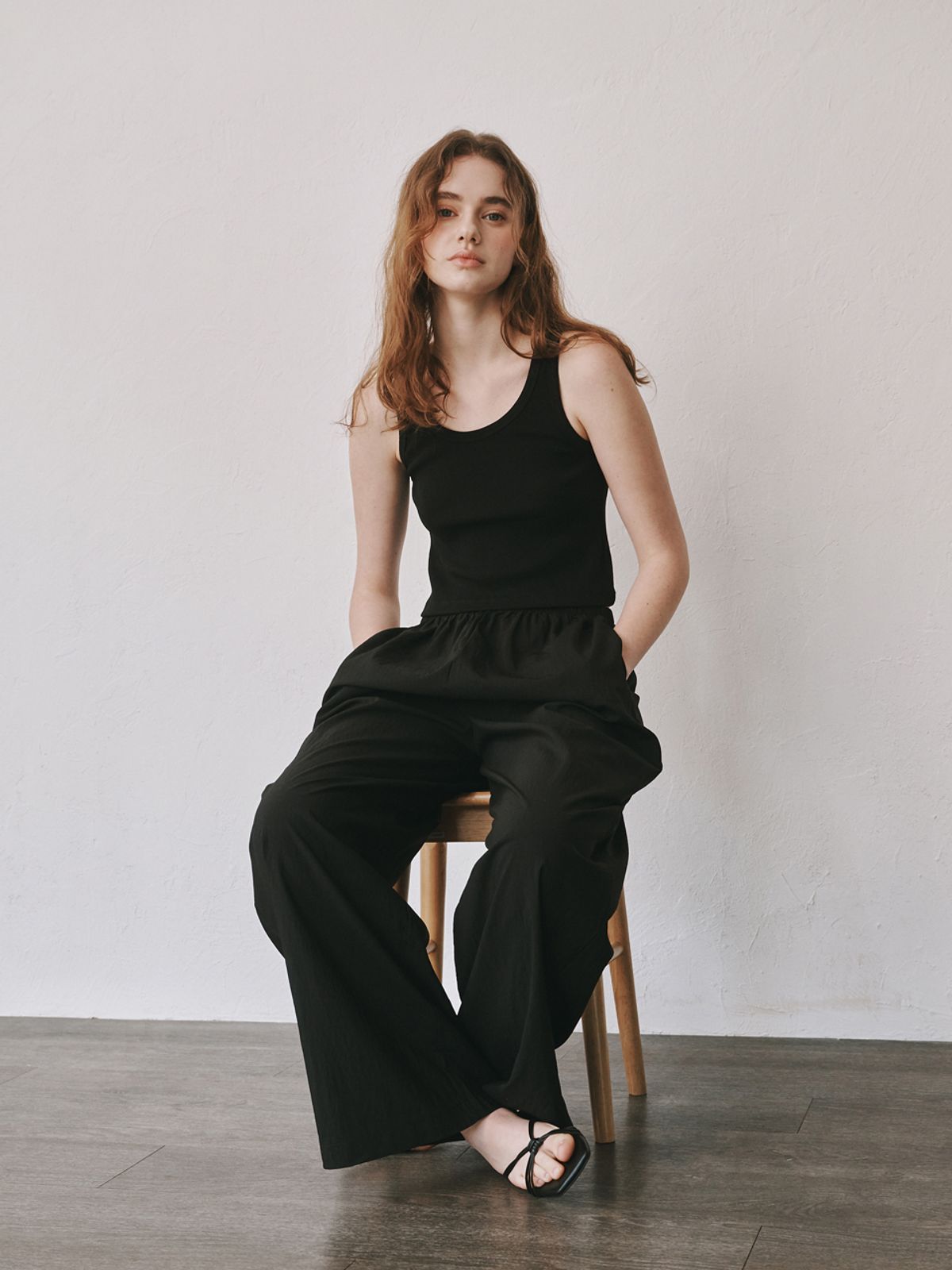 플라드주르(PLATDUJOUR) Wide banding pants (Black)