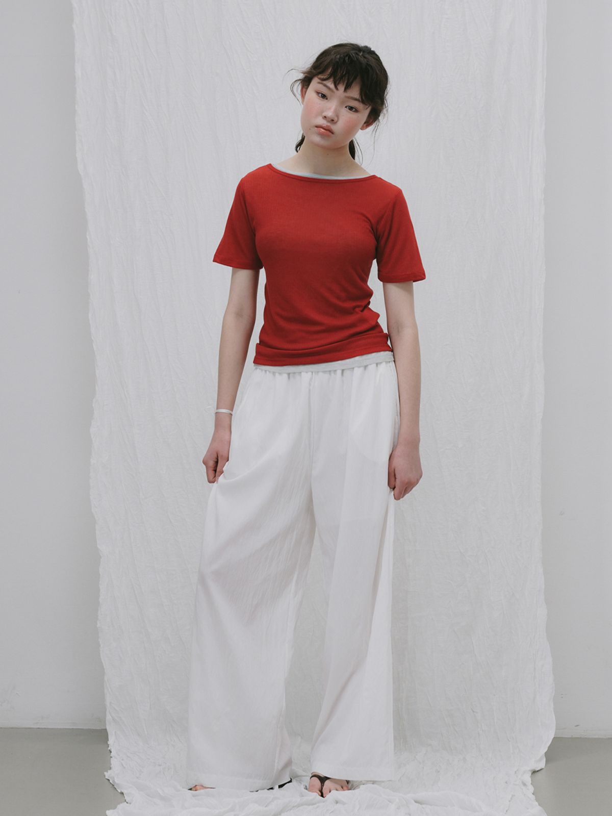 플라드주르(PLATDUJOUR) Wide banding pants (White)