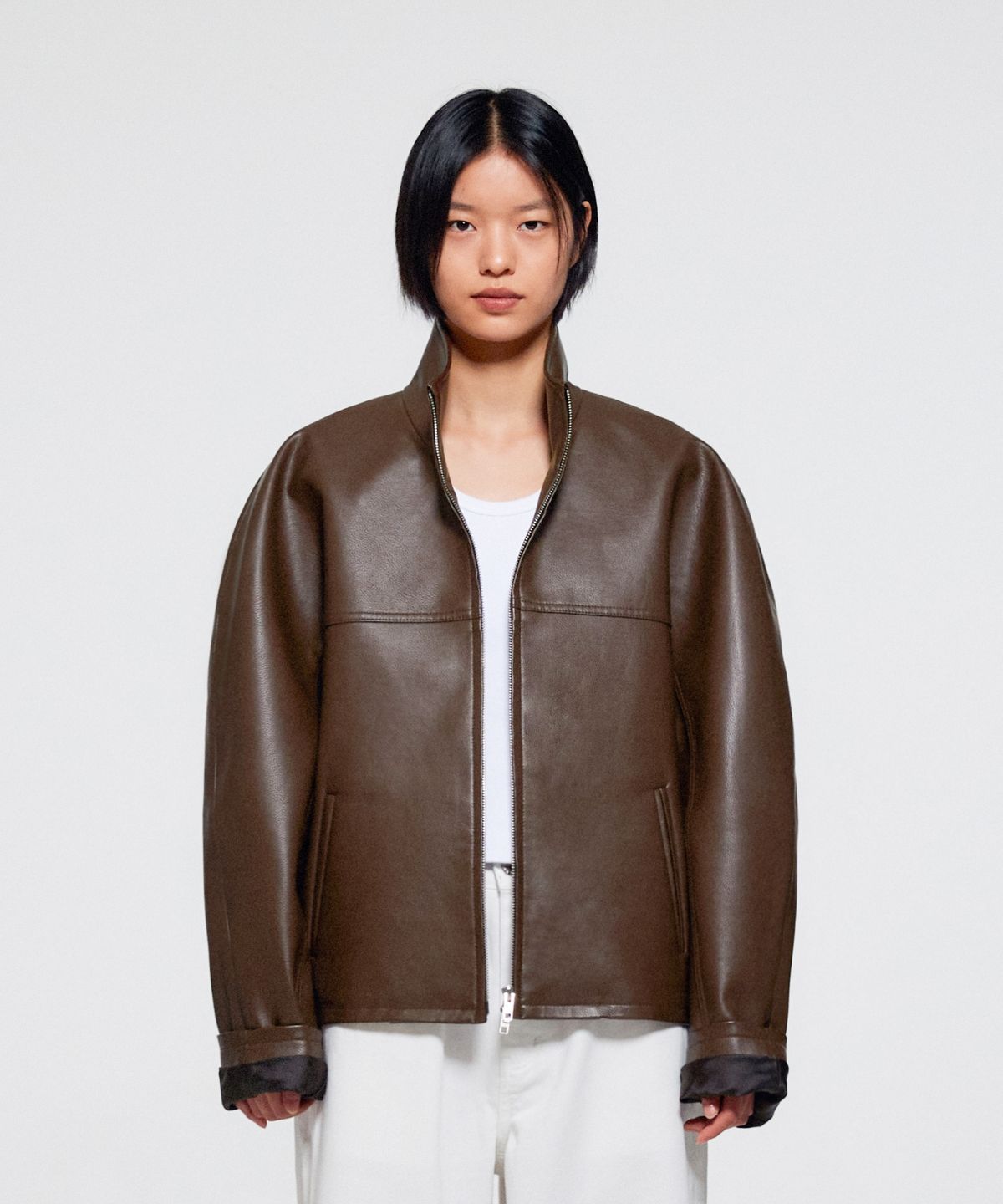 이알에이(ERA) UNISEX FAUX LEATHER OVERSIZED BALL JACKET - BROWN
