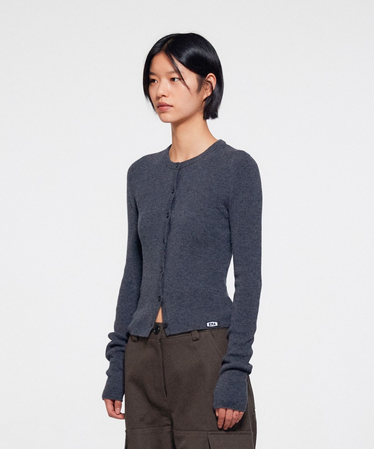 이알에이(ERA) WOMEN SLIM COLLARLESS KNIT CARDIGAN - GRAY