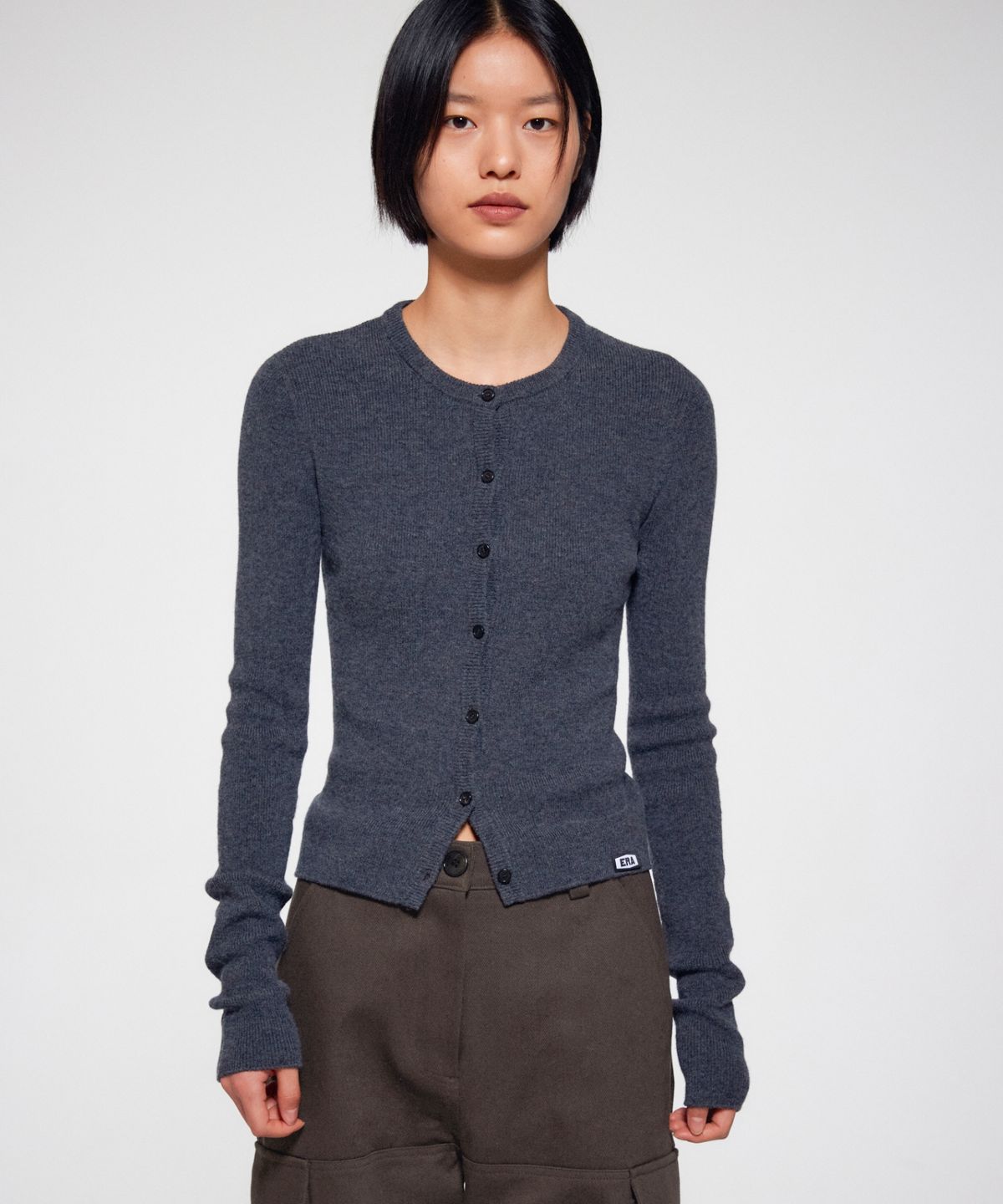 이알에이(ERA) WOMEN SLIM COLLARLESS KNIT CARDIGAN - GRAY