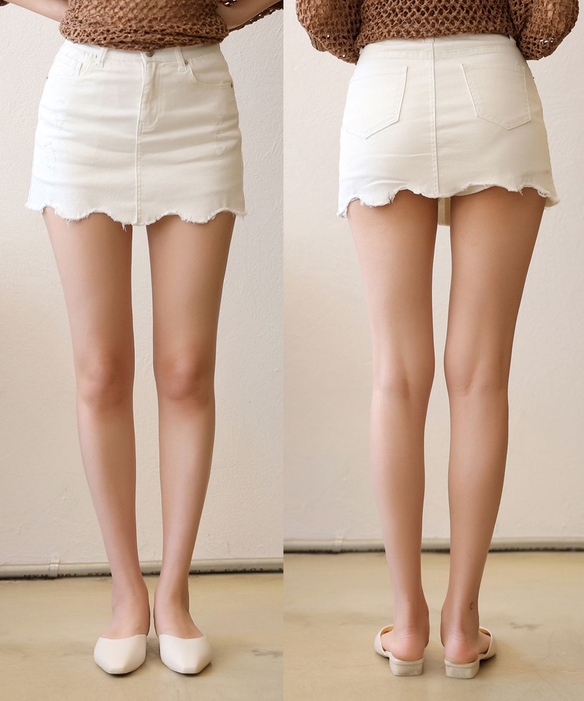 빼빼(BBAEBBAE) 화이트 웨이브 스판 치마바지