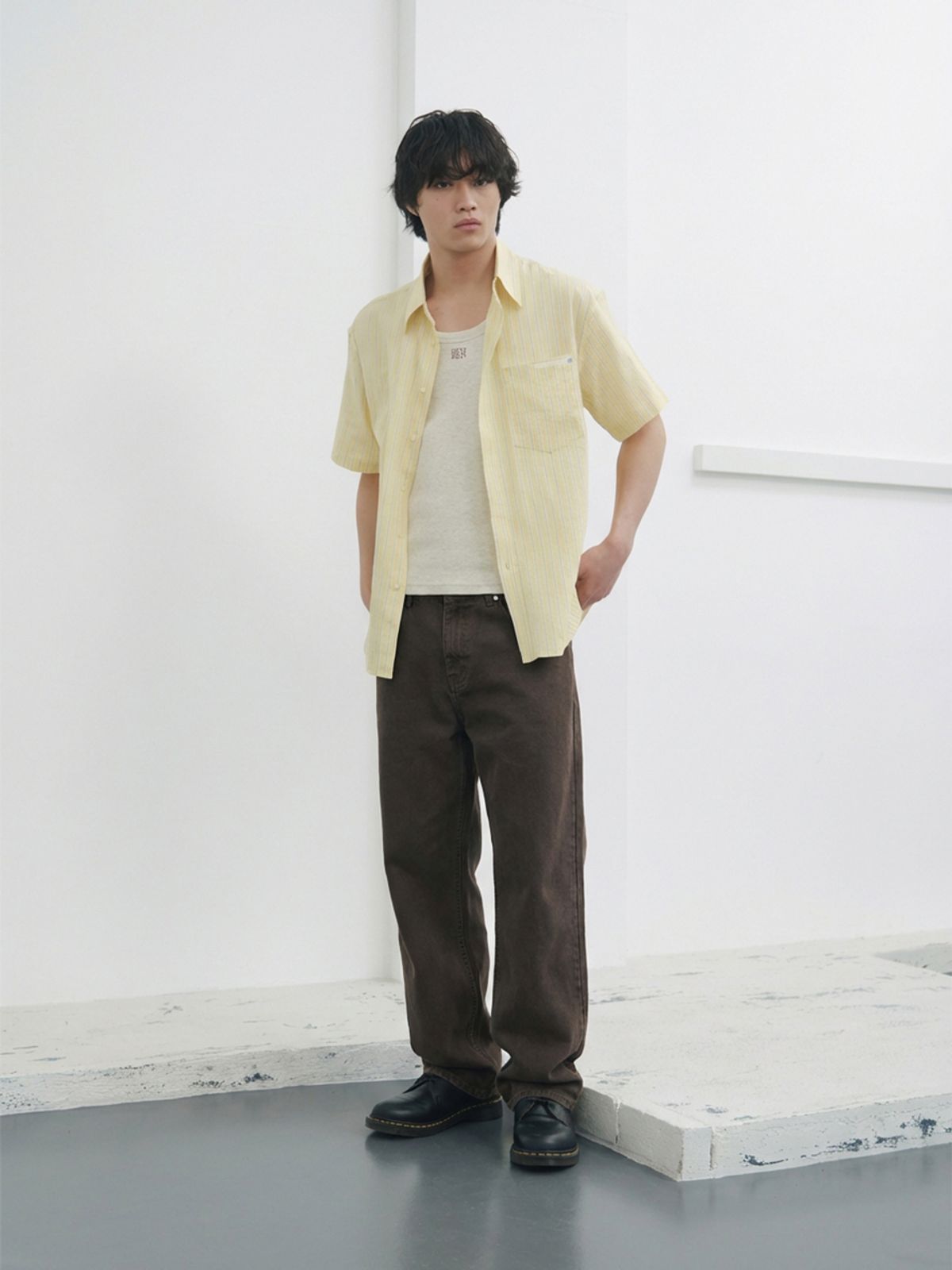 기준 맨(KIJUN MEN) Textured Cotton Stripe Half-Sleeve Shirt Yellow