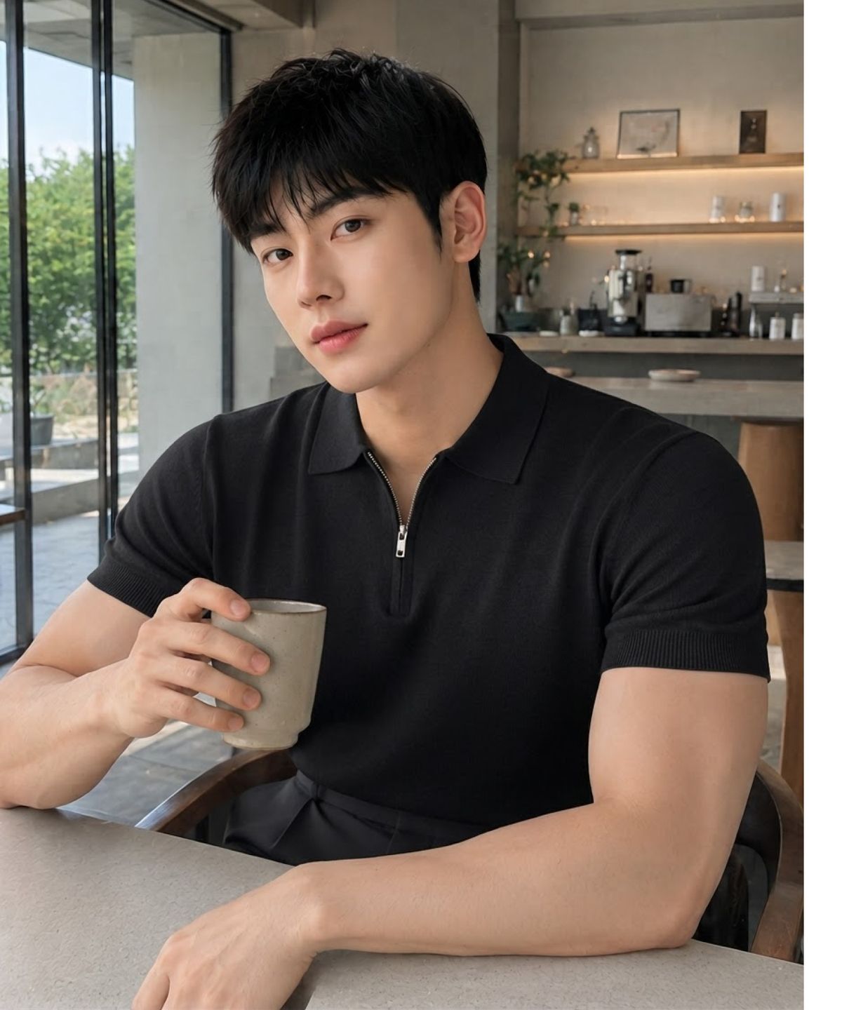 에르비노(HERVINO) 소프트 하프집업 머슬핏 카라 반팔 니트[블랙]