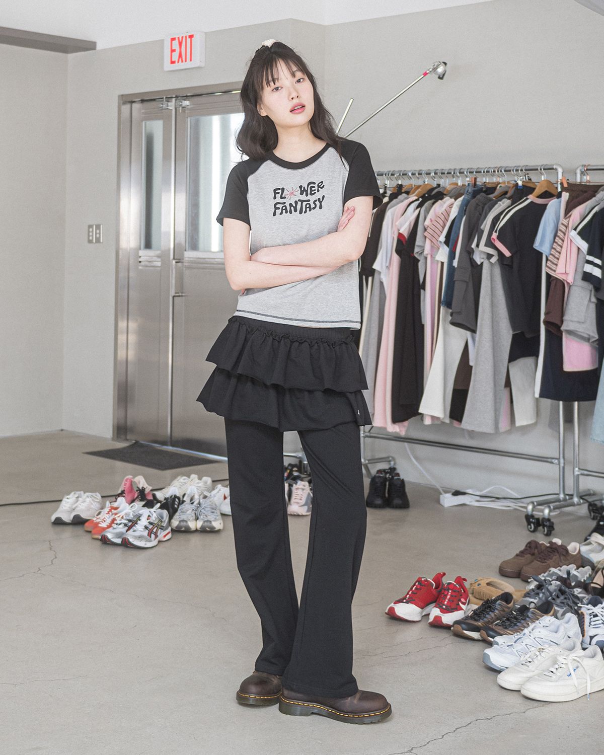 해비즘(HAVISM) LAYERED SWEAT SKIRT PANTS(BLACK)