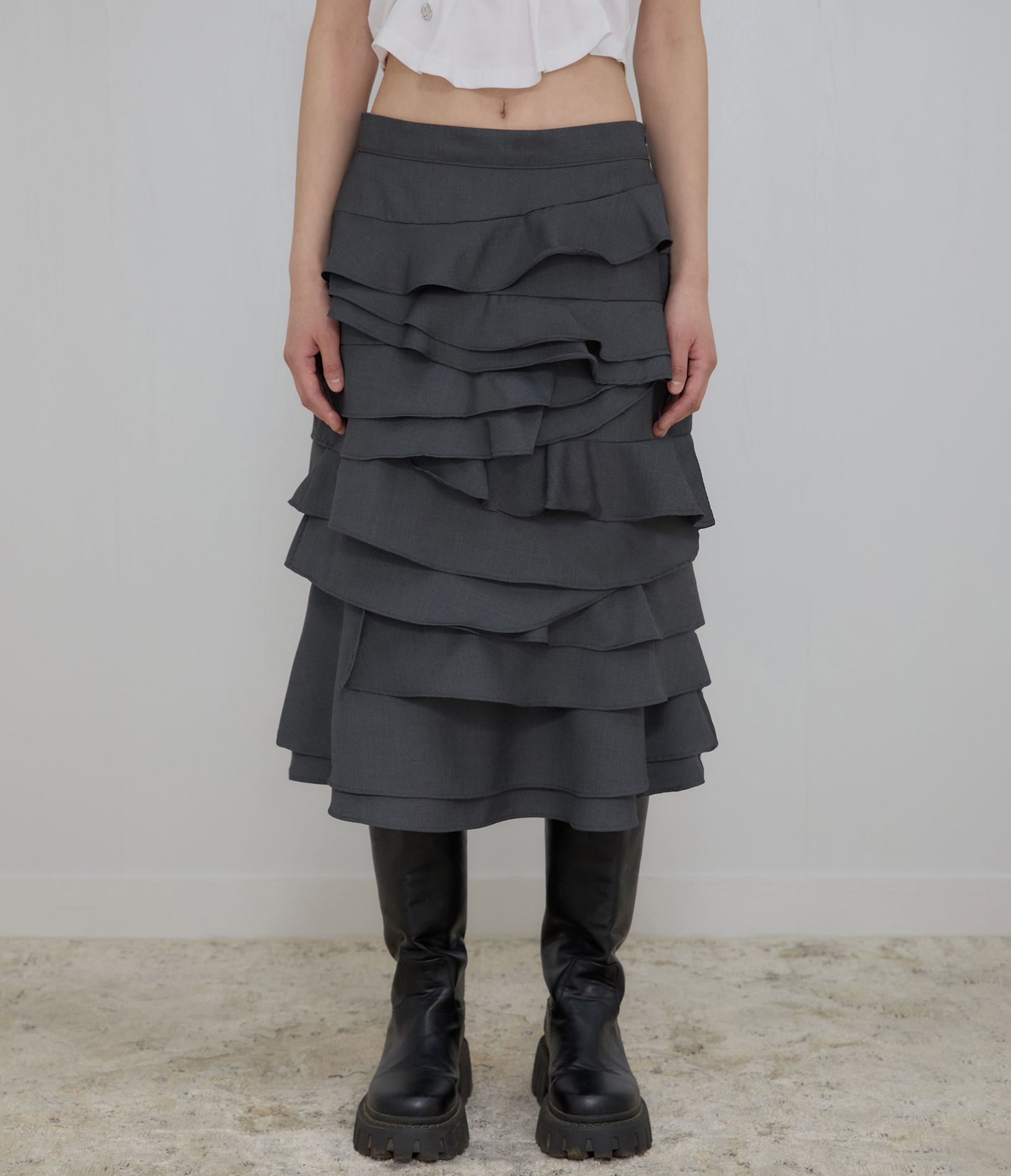 【FLAREUP】25SS★ Faye Frill Midi Skirt MUSINSA | FLAREUP Faye Frill Midi Skirt (FL-246_Charcoal)