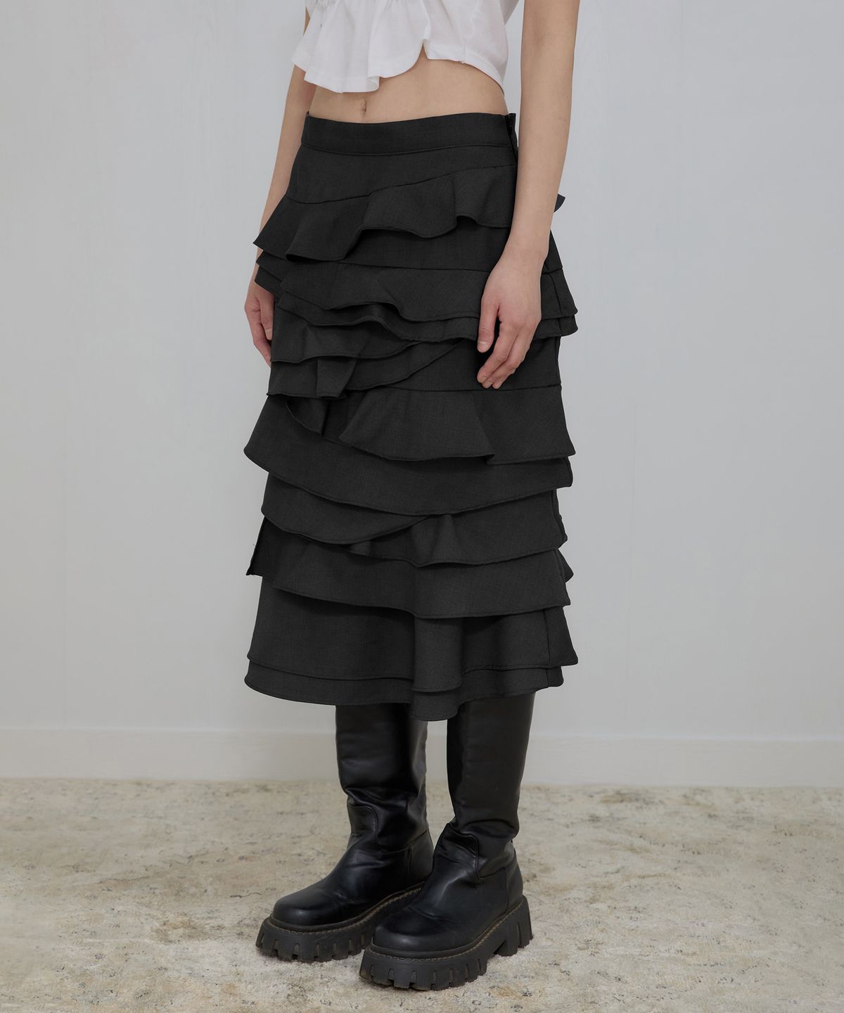 플레어업(FLAREUP) Faye Frill Midi Skirt (FL-246_Black)