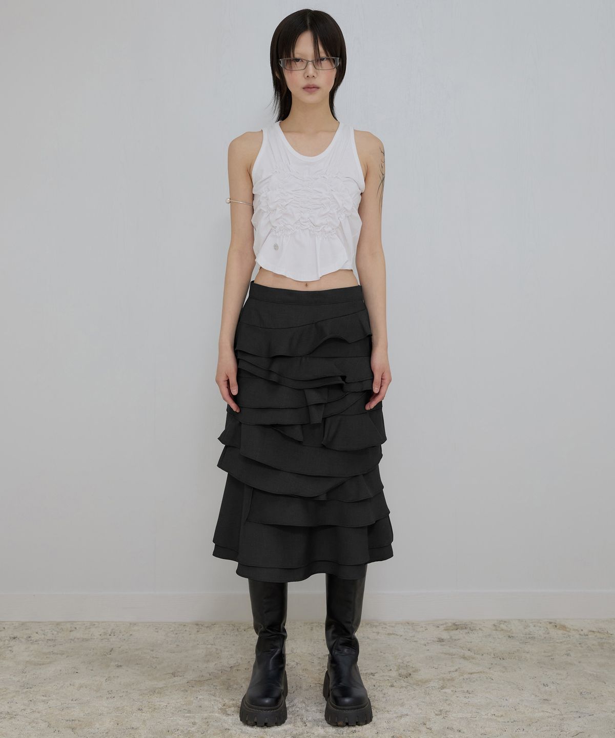 플레어업(FLAREUP) Faye Frill Midi Skirt (FL-246_Black)